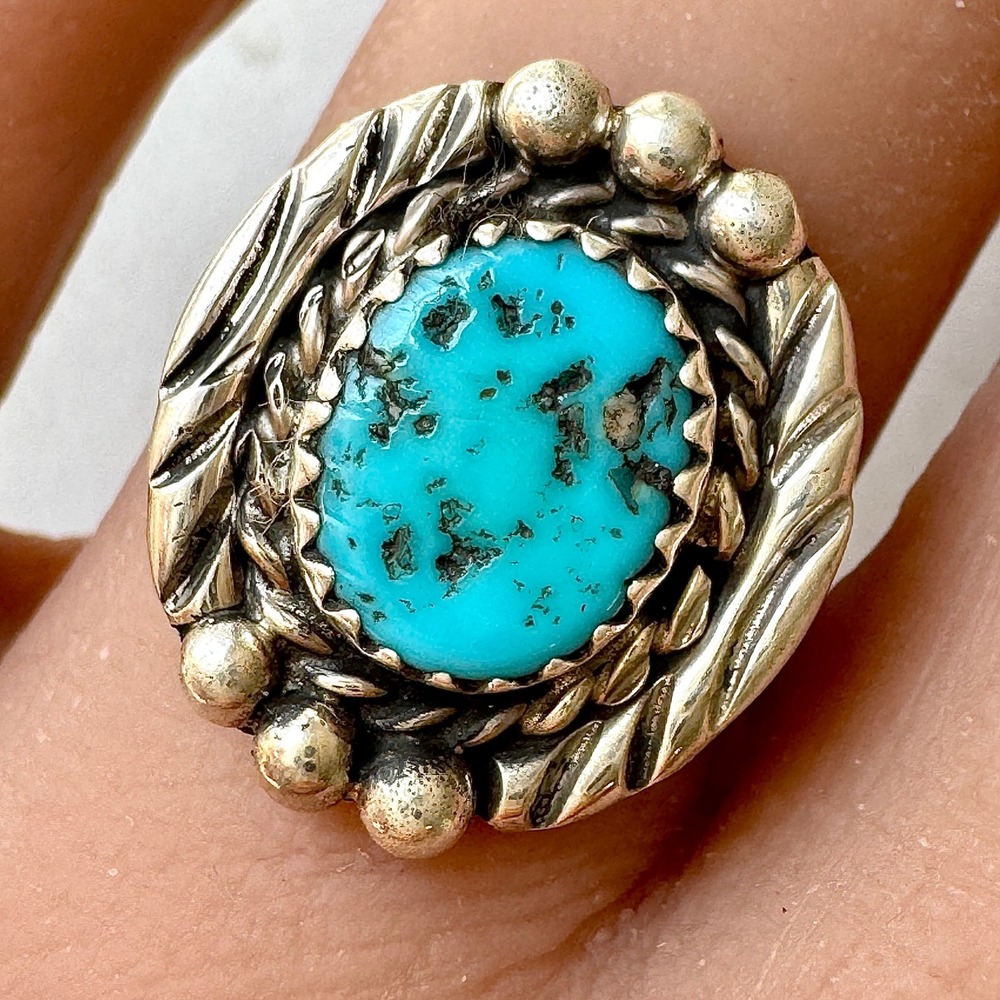 Navajo‎ Turquoise Ring Sz 6 Sterling Begay Native American Tooled Rope Bezel